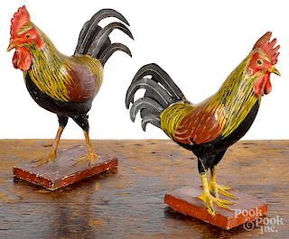 Pair of painted composition and wood roosters