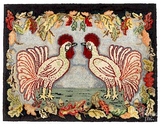 American hooked rug with roosters
