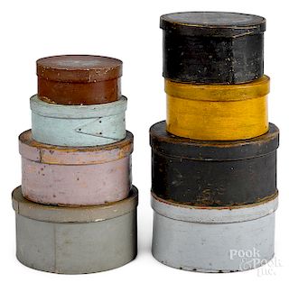 Eight painted bentwood pantry boxes, 19th c.