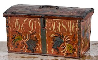 Continental painted dome lid box, dated 1810