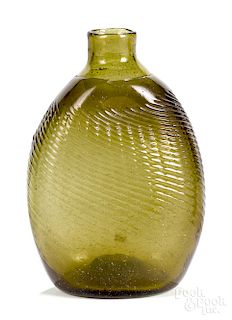New England pattern molded olive green glass flas