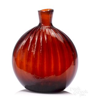 Zanesville pattern molded amber glass flask