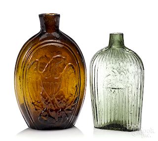 Olive amber eagle & cornucopia glass flask, etc.