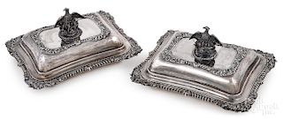 Pair of English silver covered vegetable dishes