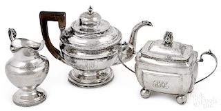 Coin silver teapot, sugar and creamer