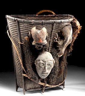 Early 20th C. Naga Rattan Basket - Monkey & Boar Skulls