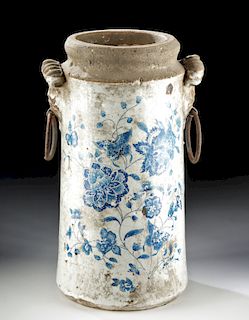 18th C. European Tin Glazed Pottery Jar w/ Iron Handles