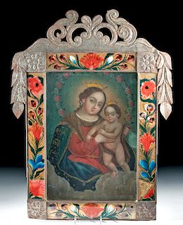 Framed 19th C. Mexican Retablo w/ Nicho - Mary & Jesus