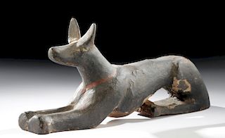 Egyptian Wood & Painted Gesso Recumbent Jackal - Anubis