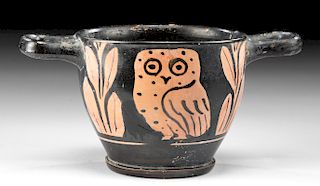 Greek Apulian Red Figure Pottery Owl Skyphos