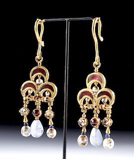 Byzantine 20K Gold Earrings w/ Gemstones, ex Christie's