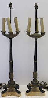 Pair Of Antique Bronze Claw Foot Lamps On Marble