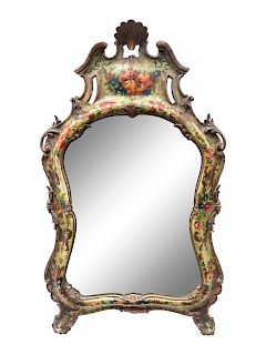 A Venetian Style Painted and Parcel Gilt Easel Back Vanity Mirror
Height 27 1/2 x width 16 1/2 inches.