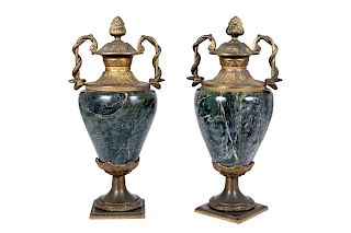 A Pair of Louis XV Style Bronze Mounted and Marble Urns