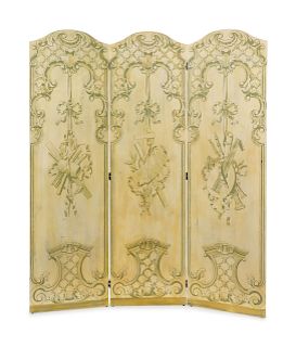 A Louis XV Style Painted Three-Panel Floor Screen
20TH CENTURY
Height 74 1/2 x each panel, 20 3/4 inches.