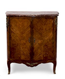 A Louis  XV/XVI Transitional Style Marquetry Cabinet
Height 44 1/2 x width 41 x depth 16 1/2 inches.