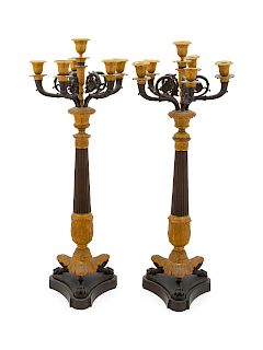 A Pair of Empire Gilt and Patinated Bronze Six-Light Candelabra
28 1/2 height inches