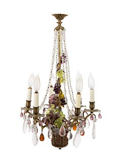 A Six-Light Gilt Metal, Faceted Clear and Colored Glass Chandelier
19TH/20TH CENTURY 
of basket form, with colored fruit, hung with beaded swags
Heigh