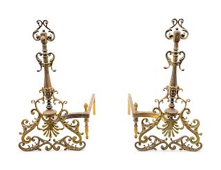 A Pair of Continental Brass Andirons and a Fire Fender
LATE 19TH CENTURY
Height of andirons, 21 1/2 inches, width of fender 52 inches.