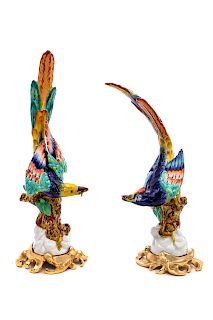A Pair of Sevres Style Porcelain Gilt Metal Mounted Birds