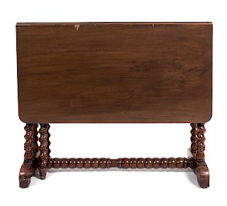 A Jacobean Style Mahogany Drop Leaf Trestle Table
Height 30 1/2 x width, closed 9 x depth 36 inches, drop leaves 18 1/2 inches.