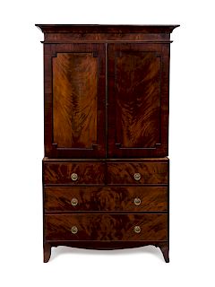 A George III Mahogany Linen Press
19TH CENTURY
having two cabinet doors over three drawers.
Height 83 x width 49 x depth 22 inches.