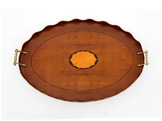 A George III Style Inlaid Fruitwood Oval Two-Handled Tray