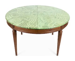 A Painted Faux-Malachite Top and Mahogany Dining Room Table 
FIRST HALF-20TH CENTURY
raised on tapered fluted legs set in faux malachite blocks.
Heigh