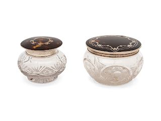 Two English Silver Inlaid Tortoiseshell Lidded Cut Glass Powder Jars