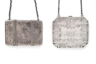 Two American Silver Calling Card Cases with Chain Handles
19TH CENTURY
one by Mauser Mfg. Co. NY, NY, the other maker unknown.
Marked 
Larger 3 x 3 1/