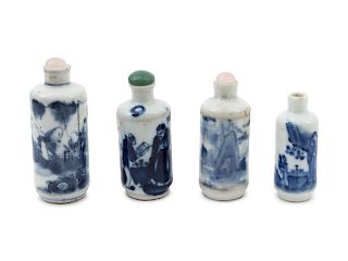 A Group of Chinese Blue and White Snuff Bottles
Height of tallest 3 1/2 inches.