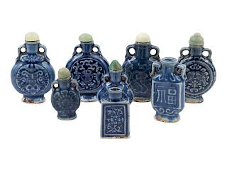 A Group of Chinese Blue Glazed Moonflask Form Snuff Bottles
Height of tallest 3 1/4 inches.