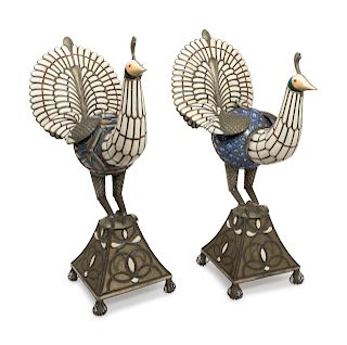 A Pair of Middle Eastern Inlaid Silvered Metal and Porcelain Models of Peacocks
LATE 19TH / EARLY 20TH CENTURY
Height 37 1/2 inches.
