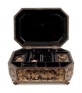 A Chinese Export Lacquer Sewing Box
Height 7 x width 15 x depth 10 1/2 inches.