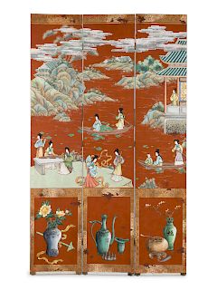 A Chinese Six-Panel Watercolor on Paper Mounted Screen
EARLY 20TH CENTURY
the front having figural scenes above lower panels of floral filled vases, t