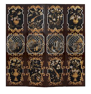 A Chinese Painted Lacquer Four-Panel Floor Screen
19TH CENTURY
Height 84 x each panel 20 inches.