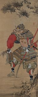 A Japanese Painting Depicting a Foot Soldier
Framed 75 x 28 inches.