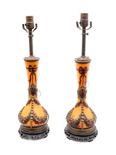 A Pair of French Signed Abel Combe Cameo Glass Vases with Gilt Metal Mounts
19TH CENTURY
now mounted as lamps.
Height 15 inches.