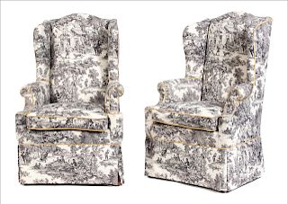 A Pair of Toile Upholstered Armchairs 
Height 51 x width 31 x depth 26 inches.