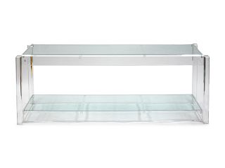 A Contemporary Lucite Console Table
20TH CENTURY 
having an inset glass top and lower shelf.
Height 26 3/4 x width 72 1/2 x depth 16 3/4 inches.