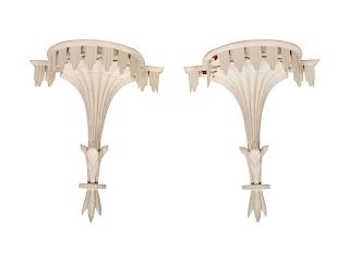 A Pair of White Painted Carved Wood Wall Brackets
Height 13 1/4 x width 11 inches.