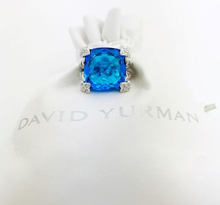 David Yurman Blue Topaz Cushion Diamond Ring Sz 5