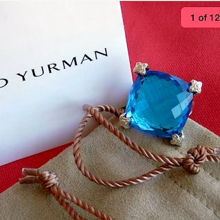 David Yurman Cushion Diamond Blue Topaz Ring Sz 6