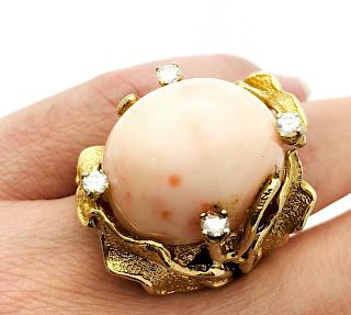 14k Yellow Gold Pink Coral & Diamond Ring Sz 6