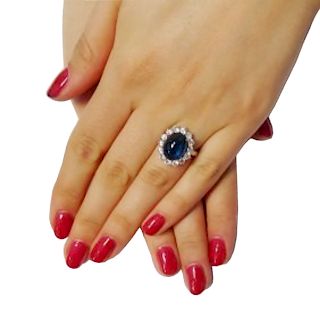 18k Gold Cab Sapphire Diamond Princess Diana Ring