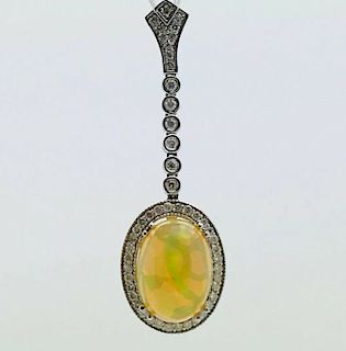 14k White Gold With Australian Opal & Diamond Pendant
