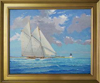 William Lowe Oil on Canvas, "Passing Brant Point Light Nantucket"