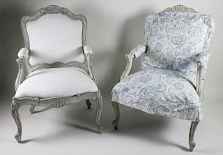 Pair of Louis XV Style Upholstered Open Armchairs