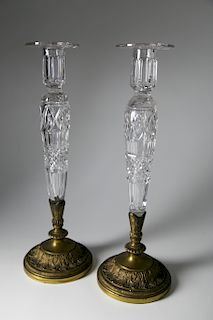 Pair of Pairpoint Cut Crystal and Bronze Candlesticks