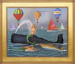 Jerome Howes Oil on Panel "Mermaid Catching a Ride on a Spouting Whale"